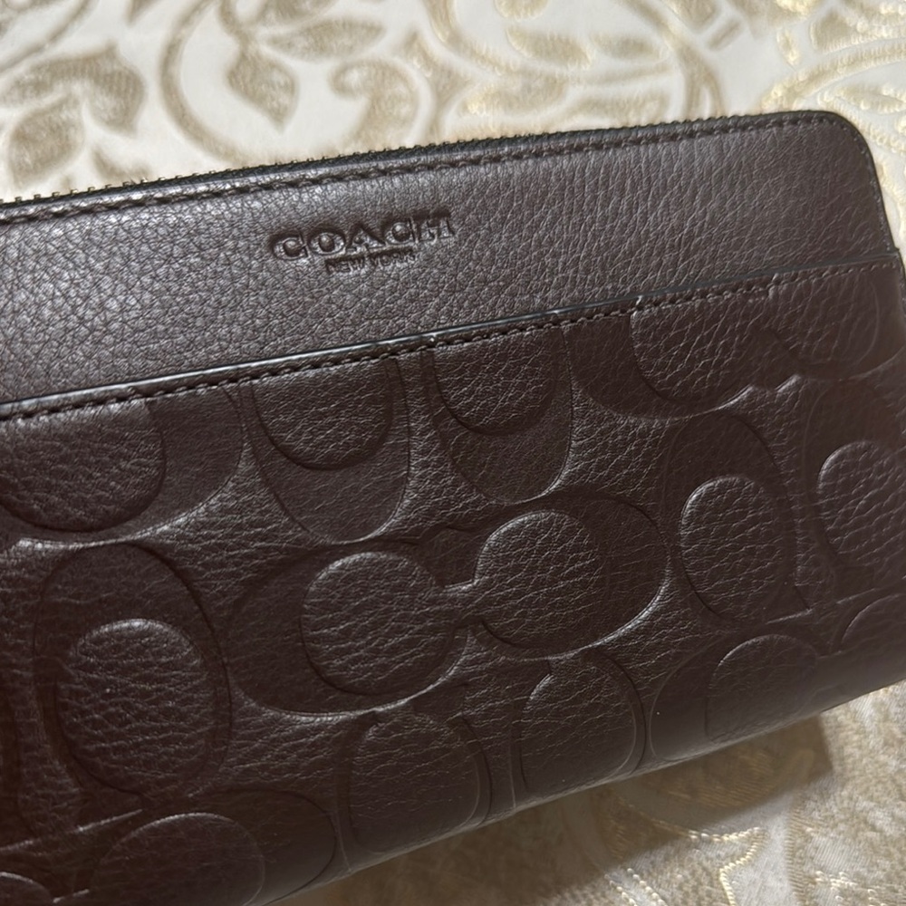 Coach Embossed Accordn Signature Leather Wallet - Dark Brown - Picture 4 of 11